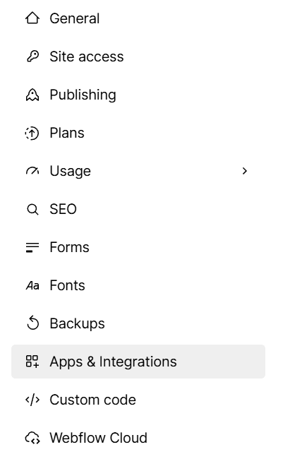 Webflow Site settings sidebar with Apps and integrations highlighted