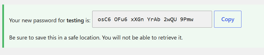 WordPress showing new application password with copy button